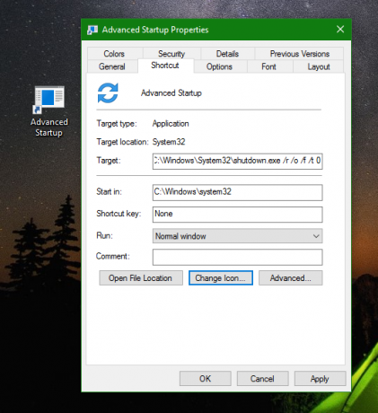 Windows 10:n lisäkäynnistysvaihtoehtojen pikakuvake