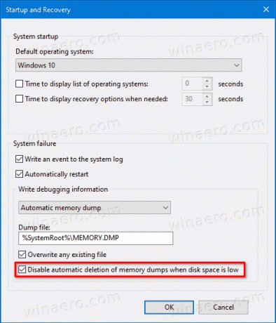 Windows 10 Deaktiver automatisk sletting av minnedumper på lite diskplass