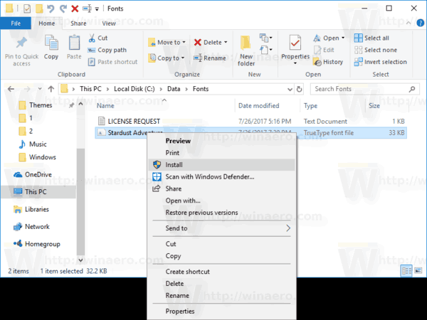 Menu kontekstowe instalacji czcionek Windows 10