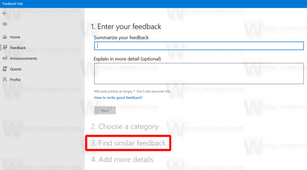 Windows 10 Hub za povratne informacije Pronađite slične povratne informacije 2