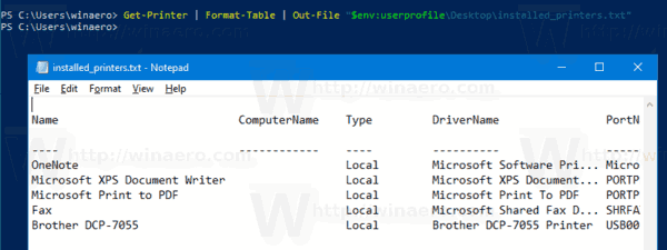 Windows 10 Lista de impresoras instaladas PowerShell para archivo