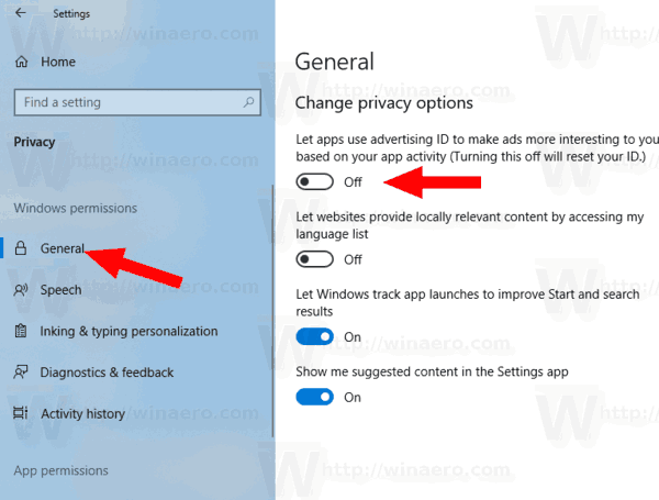 Operētājsistēmā Windows 10 atspējojiet reklāmas ID atbilstošām reklāmām