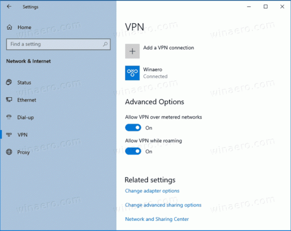 Stránka VPN nastavení systému Windows 10