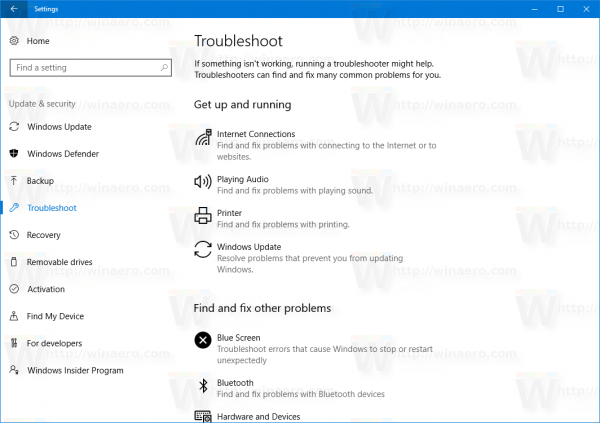Windows 10 Feilsøkingsside i Innstillinger