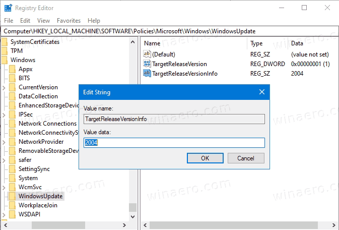 Postavite ciljnu verziju ažuriranja značajki u registru sustava Windows 10 2