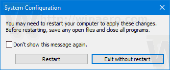 הודעת הפעלה מחדש של Windows 10 Msconfig