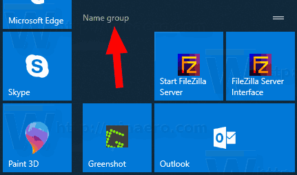 Grupo de mosaicos de nombres de Windows 10