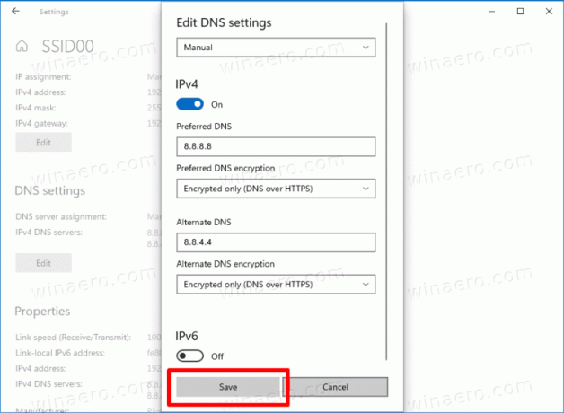 შეინახეთ პარამეტრები, რათა ჩართოთ DNS HTTPS-ზე Windows 10-ში