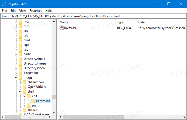 Commande d'édition d'image de Windows 10 Paint dans le registre