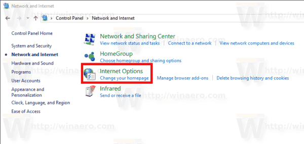 קישור אפשרויות אינטרנט ללוח הבקרה של Windows 10