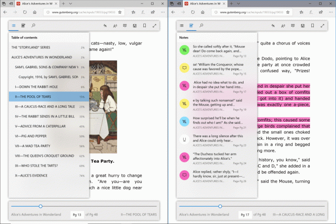 Captura de pantalla que muestra las vistas de Notas y Tabla de contenido abiertas sobre un libro en Microsoft Edge. 