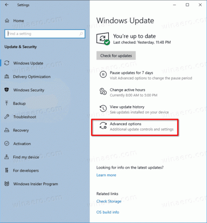 Ссылка на дополнительные параметры Центра обновления Windows Windows 10