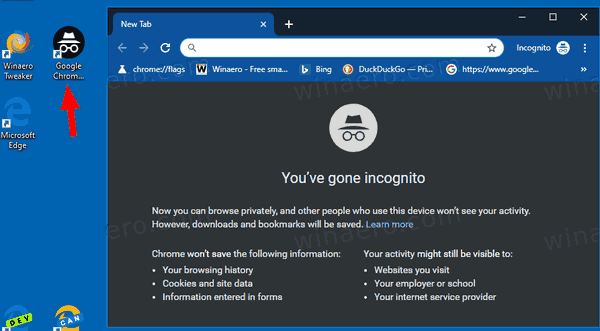 Verknüpfung für den Inkognito-Modus von Google Chrome in Aktion
