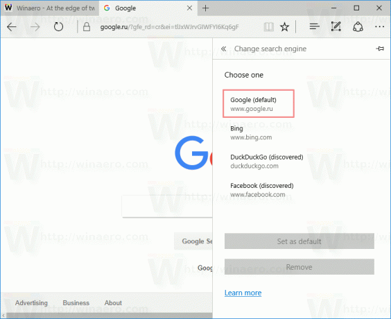Google Установити за замовчуванням в Edge