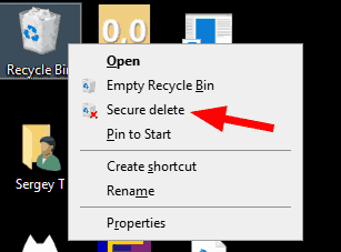 Windows 10 უსაფრთხო წაშლის Recycle Bin კონტექსტური მენიუ