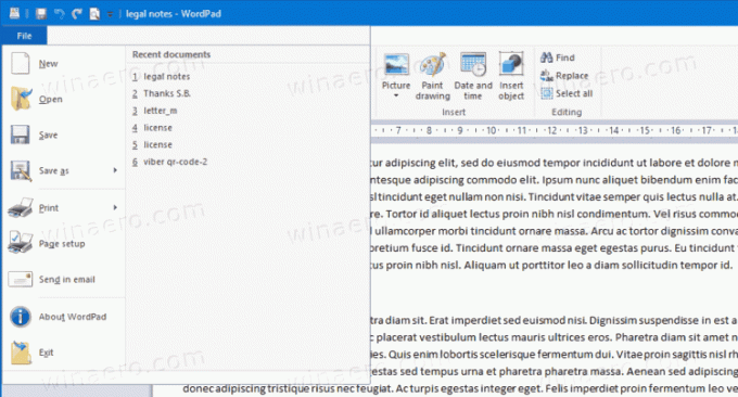 Soubory posledních dokumentů v programu WordPad v systému Windows 10