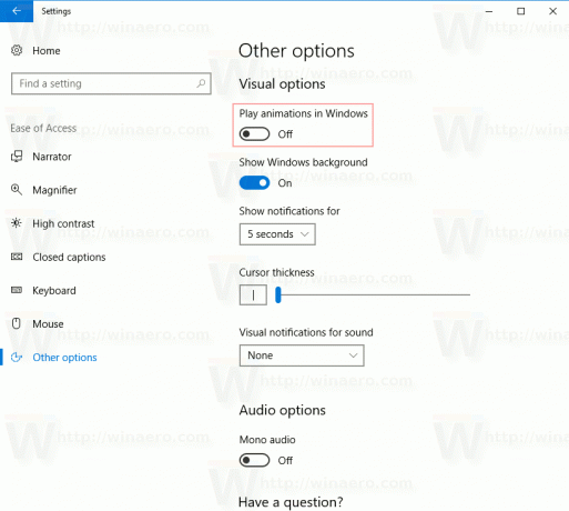 Išjunkite animacijas sistemoje „Windows 10“.