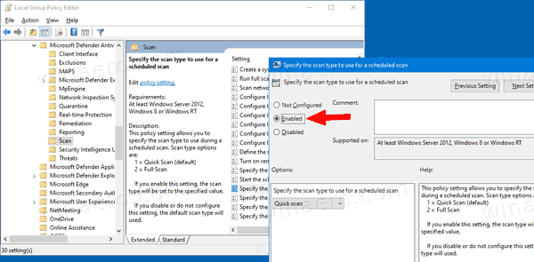 Windows 10 Cambiar el tipo de análisis programado para Defender GP1
