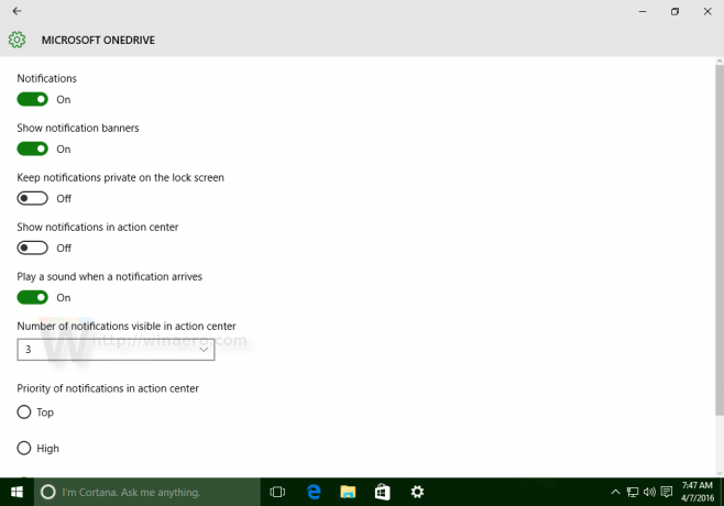 Détails des notifications de l'application Windows 10 OneDrive
