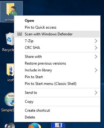 סריקה של Windows 10 עם תפריט ההקשר של Defender