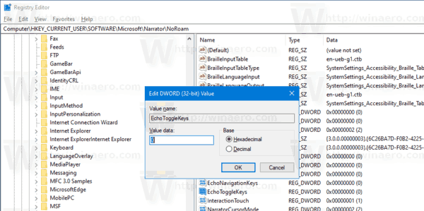 Windows 10 Narrator Toggle Keys Tweak deaktivieren