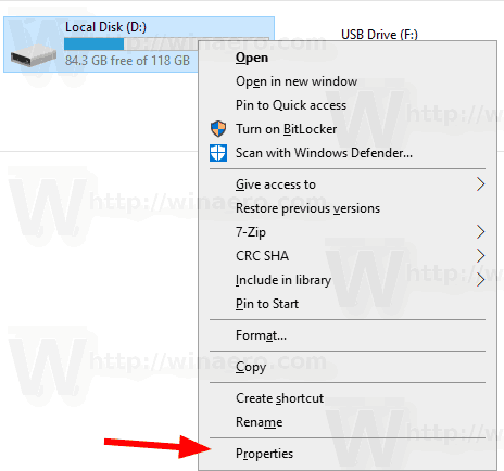 Menú contextual de propiedades de la unidad de Windows 10