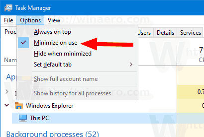 Windows 10 작업 관리자 사용 시 최소화 비활성화