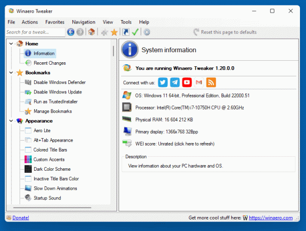 Winaero Tweaker Windows 11 informācijas lapa