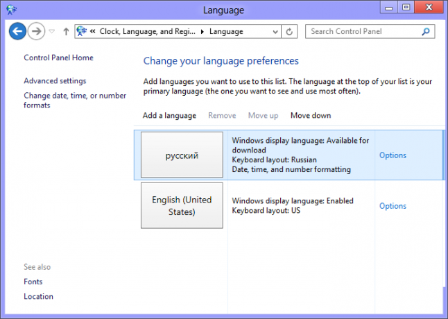 configurações de idioma no Windows 8