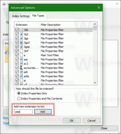 Windows 10 검색 색인에 파일 형식 추가