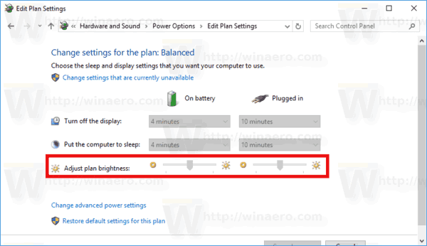 Fényerő módosítása az energiagazdálkodási terv beállításaiban, Windows 10