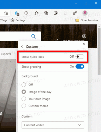 Edge הסתר קישורים מהירים בדף כרטיסייה חדשה