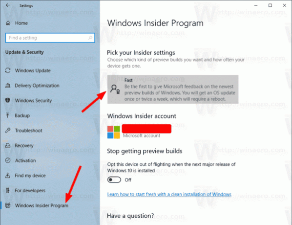 Windows 10 Αλλαγή του δακτυλίου προεπισκόπησης Insider