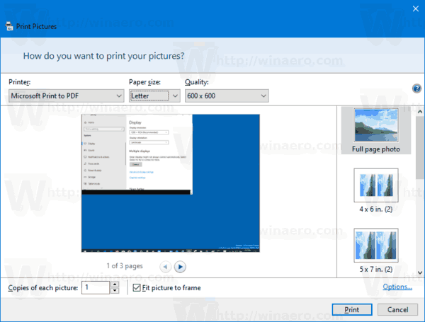„Windows 10“ failų spausdinimo į PDF dialogo langas