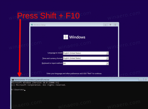 Otvorite naredbeni redak pri pokretanju sustava Windows 11 putem Shift F10