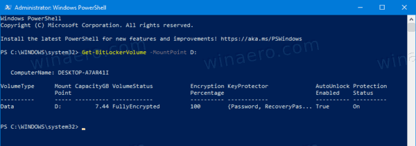 สถานะการป้องกันไดรฟ์ Windows 10 BitLocker ใน PowerShell