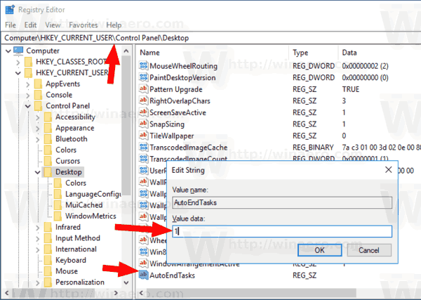 Windows 10 Activați AutoEndTasks pentru utilizatorul curent