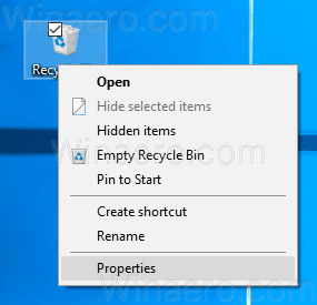 Recycle Bin Properties კონტექსტური მენიუ 