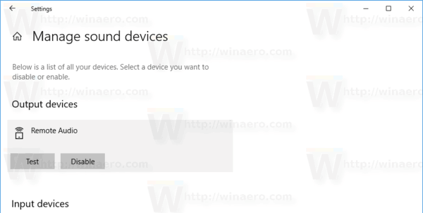 דף ניהול התקני סאונד של Windows 10