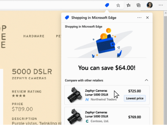 تطبيق Edge Shopping قيد التنفيذ