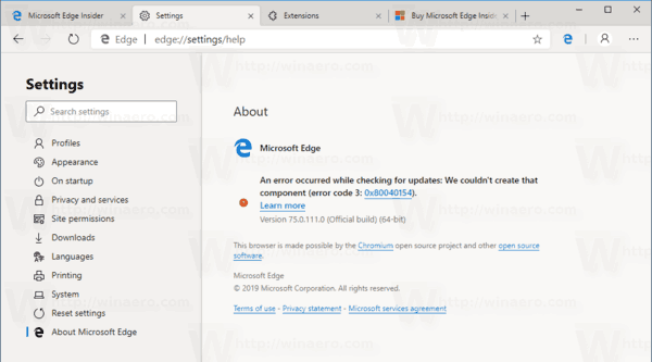 Windows 10 Chromium Edge, сборка 111