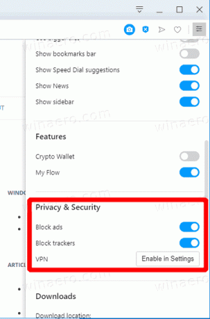Опции за блокиране на Opera 64 Tracker