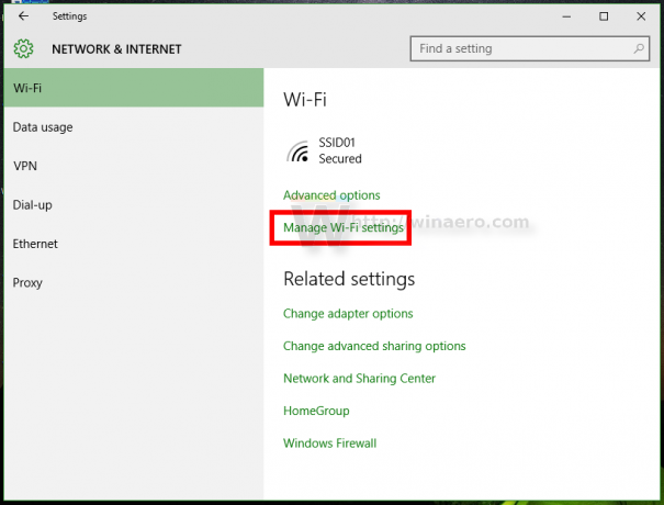 Lien de gestion des paramètres Wi-Fi de Windows 10
