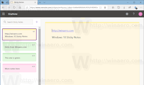 Windows 10 Sticky Notes na spletu