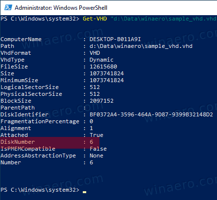 Windows 10 VHD หมายเลขดิสก์ PowerShell รับ VHD