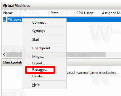Windows 10 Zmień nazwę Hyper V VM 2