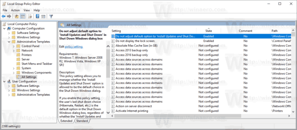Configurações habilitadas do Editor de Política de Grupo Windows 10