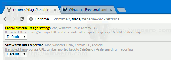 การตั้งค่าวัสดุ Chrome 59 แฟล็ก