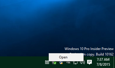Windows10ディフェンダートレイアイコンのコンテキストメニュー
