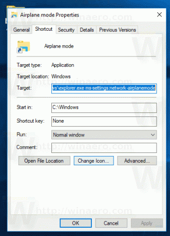 Icône de changement de raccourci du mode avion Windows 10